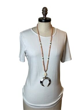 Long Pink Beaded Crescent Pendant Necklace - Women Jewelry